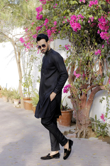 Black Color Embroidered Kurta Pajama For Men